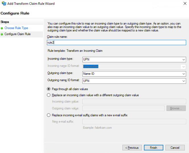 Screen shot of the configured Transform and Incoming Claim rule